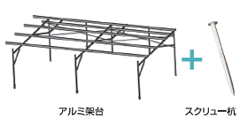 アルミ架台とスクリュー杭のセットでお届けします。※基礎をコンクリートに変更できます。